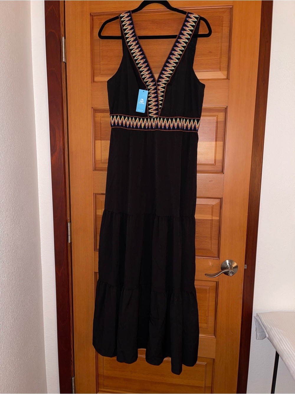 Cupshe Black Maxi Dress with Multicolor Embroidered V-Neck - NWT - XL